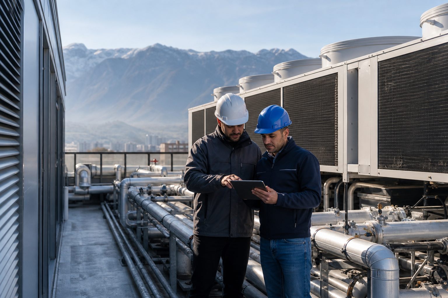 Ingenieros revisando equipos HVAC y free cooling para datacenter